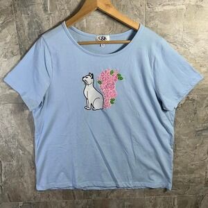 Cat and Rose embroidered light Blue tee  Shirt Woman's XL #retrofashion